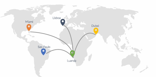 Mapa dos escritórios da Digital Angola Online em Luanda, Lisboa, São Paulo, Miami e Dubai